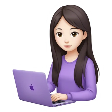 Long hair brunette Asian girl working on lavender laptop sticker