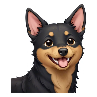 Cinematic Cute Yawning Black and Tan Kelpie Portrait Emoji, Head tilted slightly with a dramatic, wide-open yawn, showcasing a smooth black Fur with distinct tan accents, floppy ears slightly drooping, round dark eyes barely open in drowsy contentment, Simplified yet irresistibly adorable features, highly detailed, glowing with a soft, cozy glow, high shine, relaxed yet expressive, stylized with a touch of whimsy, bright and endearing, soft glowing outline, capturing the essence of a sleepy yet affectionate herder, so drowsy it feels like it could stretch out of the screen and curl up for a nap! sticker