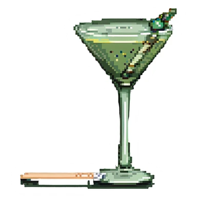 simple martini glass with colorless liquid, just showing glass outline with minimal liquid representation, green olive on toothpick at bottom sticker