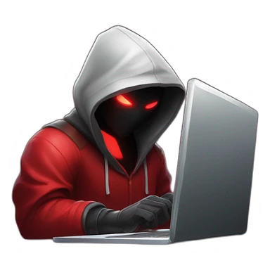 developer behind his laptop with this style : Riot Games Valorant dark red glowing bright red character red black hooded assassin themed character sticker