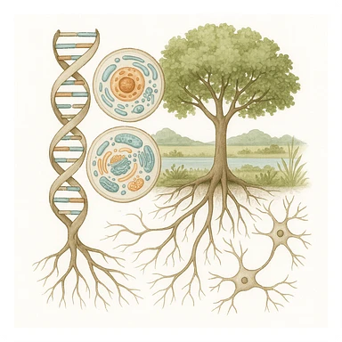 A realistic biological illustration (like in a school book) showing: DNA strands transitioning into a tree, cells with visible organelles, neurons connected to plant roots  and a balanced ecosystem background . Seamless integration, no labels or borders. Scientific color scheme, detailed but minimalist. please white background sticker
