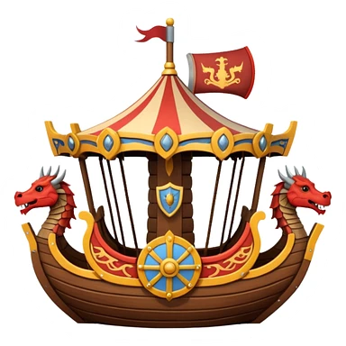 viking-themed carousel with wooden structure, viking ship seats, shields and dragon heads as decorations, emoji style sticker