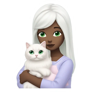 girl with very long black hair and green eyes and light pink outfit hugging a white scottish fold long hair blue eyes cat  sticker