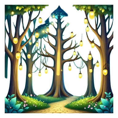 enchanted forest with tall whimsical trees and sparkling lights, fantasy atmosphere sticker