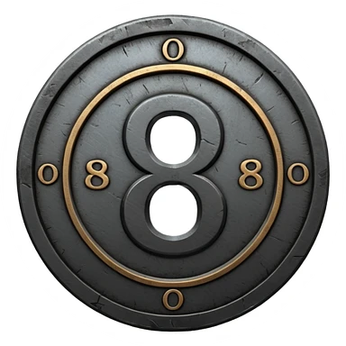 Minimal emoji, gothic metal coin made of black steel, engraved number 8 at the center, ancient industrial aesthetic, worn metal texture, no glow, no neon, flat emoji design, centered, transparent background sticker