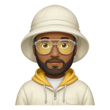 black male bee keeper with beard, white hat and yellow glasses, white outfit, white hood sticker