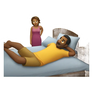 Bed with man in background and woman on bed in front of him sticker