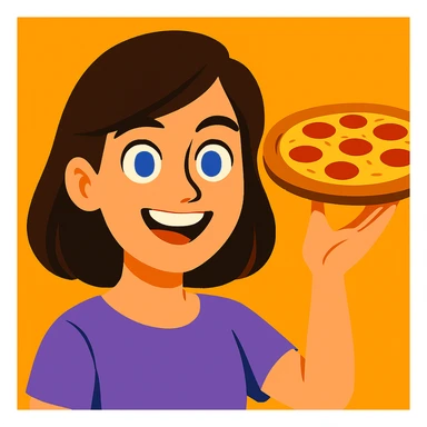 Darken the hair, change the shirt to light purple, and position her hand up and to the side as if she's carrying a pizza, maintaining the same vibrant toon cartoon style. sticker
