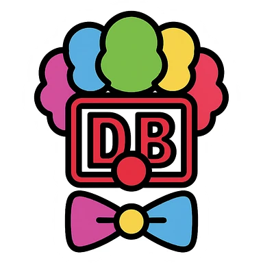 Deutsche Bahn logo with colorful clown wig, red nose, clown bow tie, clearly recognizable, humorous, icon style sticker