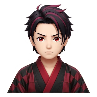 “Tanjiro Kamado, burgundy eyes, black hair with red tips, ember-textured scar, checkered haori, ultra-detailed anime realism, sharp strands, glowing highlights, 8k cinematic look.” sticker