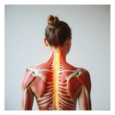 realistic anatomical back view of a woman showing tense head and neck muscles, pain areas highlighted, neutral background sticker