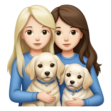 A long-haired girl and a medium-length-haired girl holding a white Labrador sticker