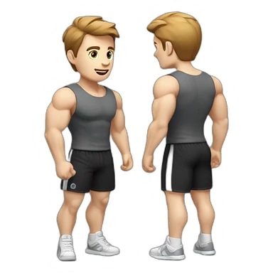 Close up Actively gesturing  with hands Pale skinned Fit Man With the biceps and brown hair in dark gray Sleeveless Mike, black oversize sports shorts, watch and white Sneakers sticker