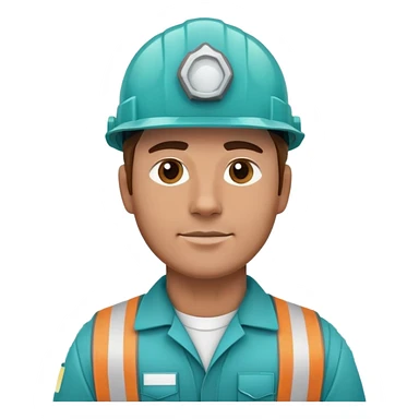 Male oil rig worker in uniform and safety helmet, cool tones with sky blue, teal green, white, and light gray sticker