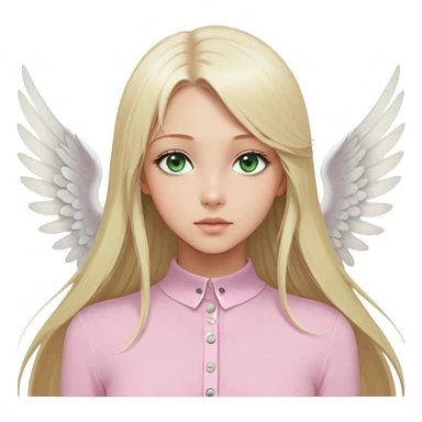 Blonde girl (from the chest up), green eyes, and light skin. Gazing forward. Long, straight hair. Thin lips. A light pink, long-sleeved, tight-fitting knit blouse buttoned in the front with small white buttons, some are undone. White wings protruding from her back, like an angel's. Doe eyes. sticker