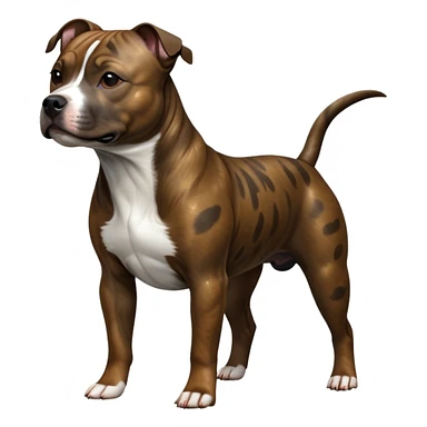 cinematic-[Staffordshire bull terrier]-realistic-full-body-standing-emoji,-tail-resting-loosely-beside-its-paws,-head-tilted-dramatically, -sleek-[brindle]-fur,-simplified-yet-realistic-focused-features,-highly-detailed,-glowing-with-an-almost-sarcastic-glow sticker