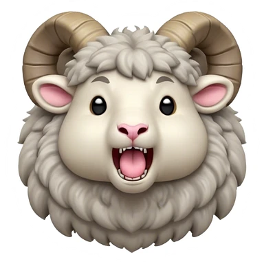 Cinematic Cute Yawning Ram Portrait Emoji, Head tilted slightly with a dramatic, wide-open yawn, showcasing a soft, woolly grey fur with gently drooping horns and ears, round dark eyes barely open in drowsy contentment, Simplified yet irresistibly adorable features, highly detailed, glowing with a soft, cozy glow, high shine, relaxed yet expressive, stylized with a touch of rugged whimsy, bright and endearing, soft glowing outline, capturing the essence of a sleepy yet affectionate ram, so drowsy it feels like it could stretch out of the screen and curl up for a nap! sticker