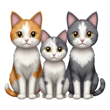 3 different coloured small cats including a dark grey and white, and a patchy calico and a solid grey with only white paws sticker