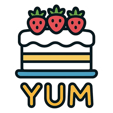 white cake with strawberries on top, text 'YUM' sticker