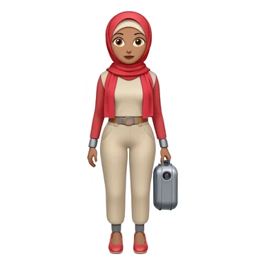 Heavy-set woman with medium-brown skin wearing a light red hijab, cream top, light red pants, tan shoes, and a grey robot leg. Standing confidently with one hand on her hip sticker