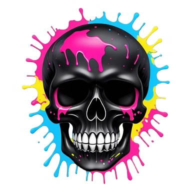 limited edition black skull with luxury haute couture logo patterns, perfectly contained neon paint splatters, museum-quality graffiti art detail, dramatic angle view sticker
