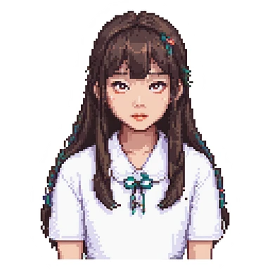 Asian girl with thin bangs, long hair, round eyes, pixel art style sticker