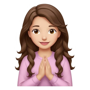girl with wavy long brown hair, brown eyes, light to medium complexion, long lashes, light pink lipstick, praying, smiling, wearing light pink shirt sticker