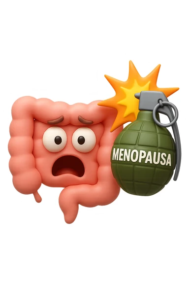 EMOJI STILE IPHONE 3D DI INTESTINO 3D CON ESPRESSIONE SPAVENTATA IN VOLTO MENTRE ACCANTO A LUI SCOPPIA UNA GRANATA 3D CON LA SCRITTA "MENOPAUSA" SOPRA, FAGLI ANCHE LA PARTE BIANCA DEGLI OCCHI, NON SOLO LA PUPILLA sticker