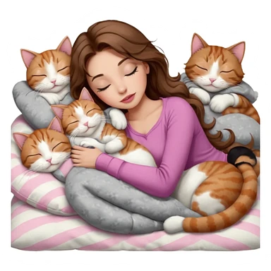 girl with long wavy brown hair, brown eyes, long lashes makeup, sexy pink lips, light to medium complexion,  sleeping on a cozy pillow, with 6 cats: 1 brown and white tabby cat, 1 ginger and white, 2 grey and white, 1 grey has white mittens and small white patch on its chest and 1 calico, sleeping sticker