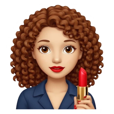 Ojos café claro, piel clara, cabello largo rizado color castaño sosteniendo un labial rojo sticker