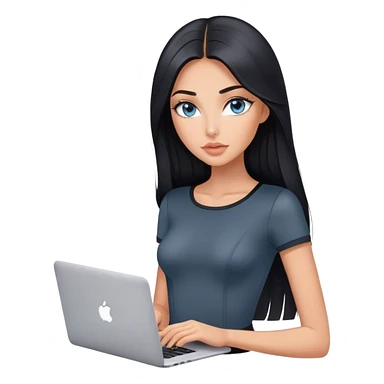 Glamours tanned very beautiful girl with pump peach nude lips and black straight smooth long hair, blue-grey eyes in beautiful short sleeves black bodysuit with MacBook sticker