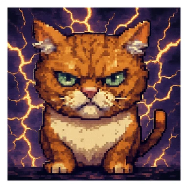 Add a dramatic lightning background behind the angry cat in the style of pixel art. Keep the pixel art style look. sticker