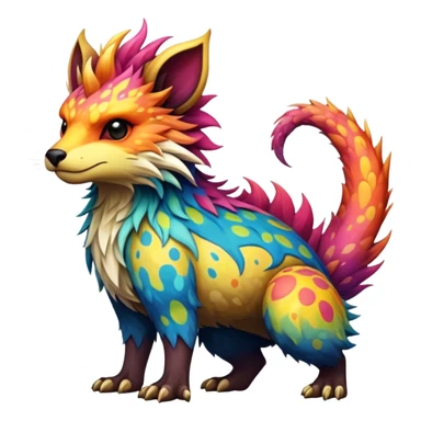 a colorful edgy vernid-fionbri-creature with splash patterns full body sticker