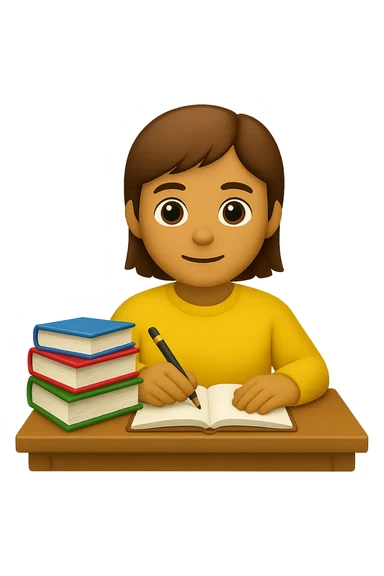 Edit the image to depict a student working at a desk with a stack of books on the desk in the style of apple emojis. Maintain the apple emoji style and add a stack of books on the desk clearly visible. sticker