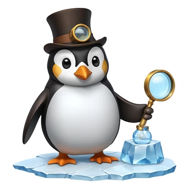 a steampunk engineer penguin analysing a data stream with a magnifying glass on top of an iceberg sticker