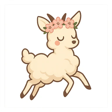 vanilla-colored cloud doe with rosy cheeks, cherry blossom crown, floating gracefully with witch-like elegance, brand identity mascot for social media sticker
