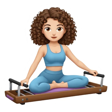 brunette,curly hair shoulder lenght,turkish 3b girl doing reformer pilates with cute set, sticker