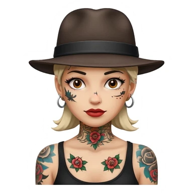 tattooed female with a hat sticker