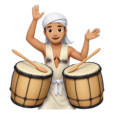 person enthusiastically beating a drum for sahur, joyful expression, night sky background, festive Ramadan vibe sticker