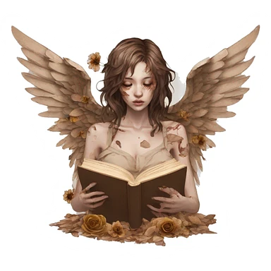 Zombie Library book bookworm academia aesthetic beige angel fallen angel tattoos with broken wing damaged wing torn wing, made of newspaper cuttings and dried flowers brown flowers sticker