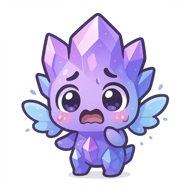 kawaii chibi style crystal sprite creature, purple, blue, and pink, with tiny magical wings, scared expression, wide eyes sticker