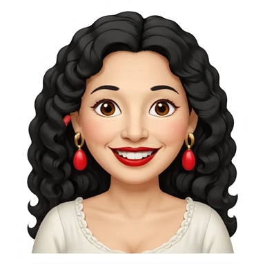 60 yr old peruvian woman, slightly chubby, wavy/curly long black hair, red lipstick, big smile, white teeth, brown eyes, hoop earings, side part to hair, round face, pretty white dress, hair side swept sticker