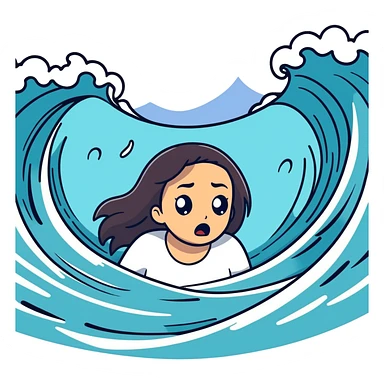 a medium tone woman with straight hair being scared from drowning in a tsunami  sticker