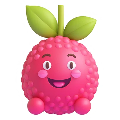 Adorable 3D lychee fruit character with round white cartoon face, shiny eyes, pink cheeks, big smiling mouth, bright pink-red bumpy glossy skin, small brown stem, toy-like, Pixar-style, colorful, fun, realistic lighting sticker