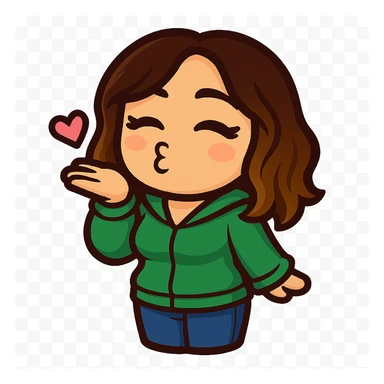 Sticker style chibi emote, matching the attached green heart emote as a base, but with a slightly skinnier body and a bigger chest. Woman from reference, mint green sweater and blue jeans, blowing a kiss, cute flirty face, no headband, no wand, transparent background. Top color should not match jeans. sticker