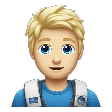 Blond boy with blue eyes wearing a spacex tshirt sticker