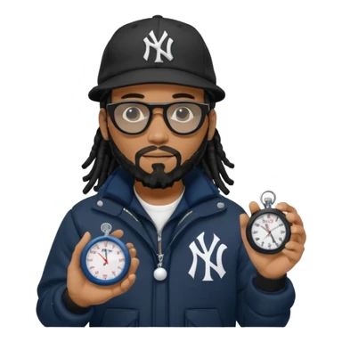 African American Man with shoulder length black dreadlocks with black beard wearing black sunglasses wearing a black bubble winter coat and a New York Yankees logo baseball cap holding a stopwatch sticker