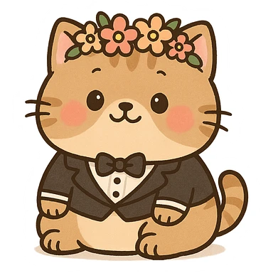 A chubby kitten wearing a tiny tuxedo and a flower crown, in a cute cartoon style sticker