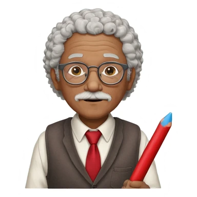 old man teacher, brown skin, curly grey white hai, wearing glasses, brown vest, red tie hold chalk on hand sticker