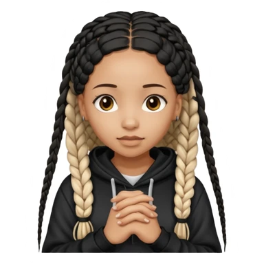 African American light skin girl with long black box braids wearing a black hoodie with hands folded together sticker